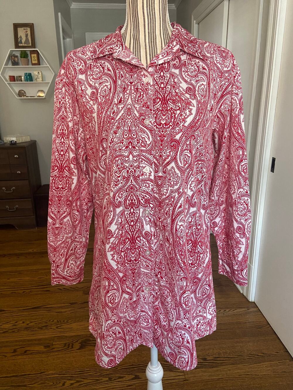 Chadwick’s of Boston red and white print button front long sleeve blouse